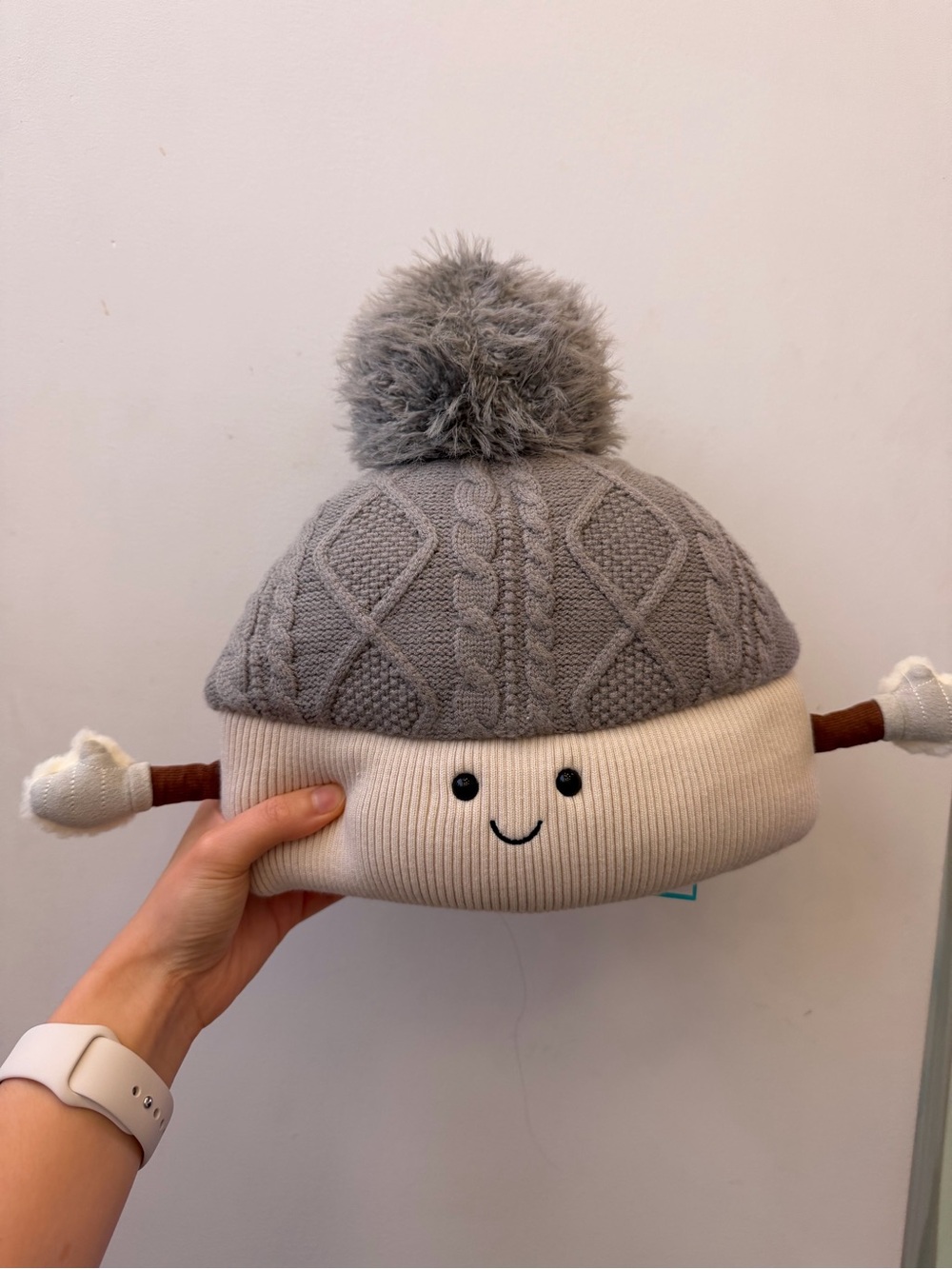 Jellycat Gray Knit Pom-Pom Beanie with Cream Plush Base